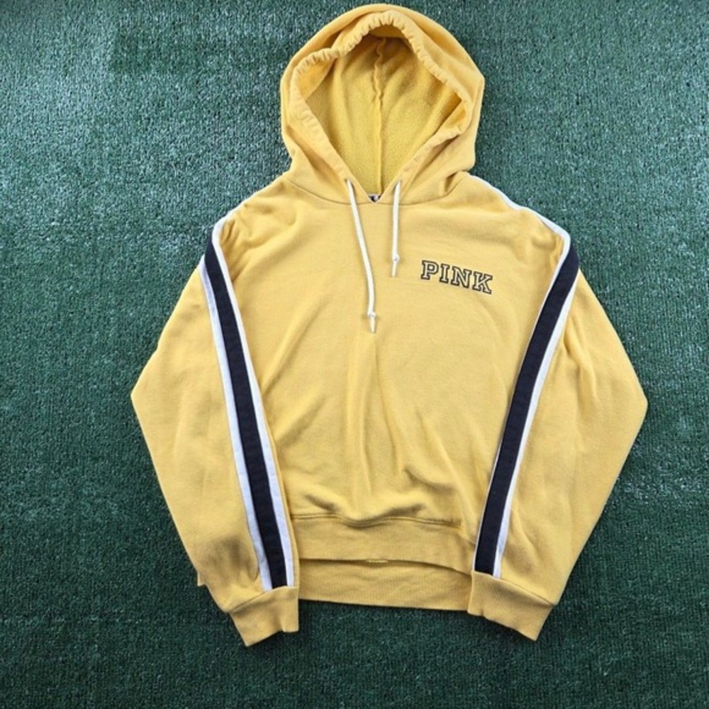 Victoria's Secret PINK Mustard Yellow Hoodie Sweatshirt Love Pink Back Graphic M